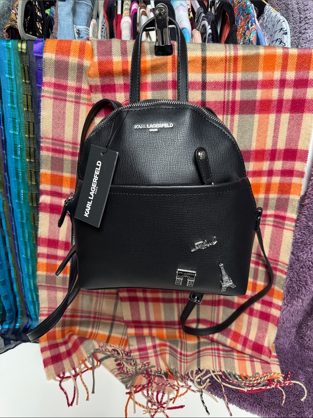 Karl Lagerfeld Black Mini Backpack with Silver Travel Charms